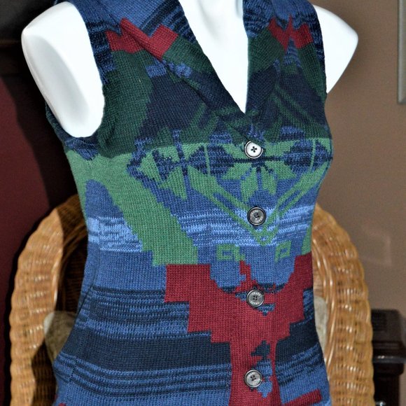 RALPH LAUREN CHAPS XS AZTEC SWEATER VEST BLUE, GREEN & RED VERY NICE WOMENS - Picture 3 of 4